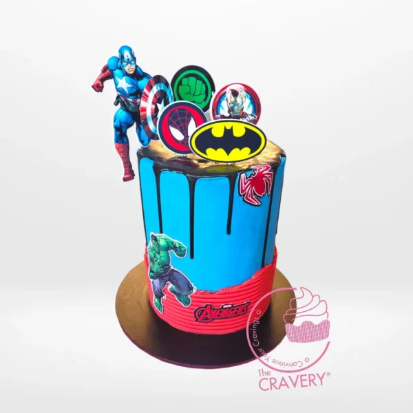 Marvel Avengers birthday cake featuring Iron Man, Captain America, Thor, and Hulk designs handcrafted by The Cravery in Birmingham.