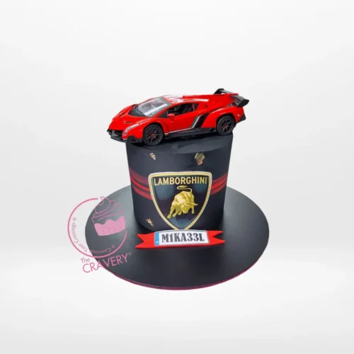 Cake Lamborghini by The Cravery, handcrafted luxury car-themed cake with toy Lamborghini, made by cake makers in Birmingham.