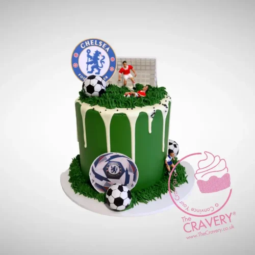 Chelsea Cake from Cravery's Cake Shop Birmingham City Centre. A football-inspired cake with the Chelsea logo and football-themed decorations.