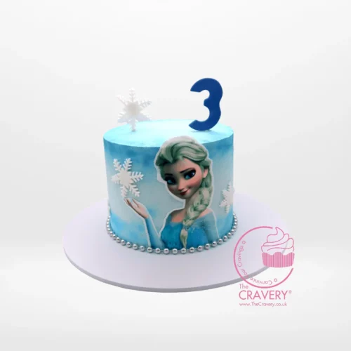 Elsa and Anna Cake from Cravery's Birthday Cake Delivery Birmingham Offerings, a beautifully crafted Frozen cake with snowflakes and blue swirls.