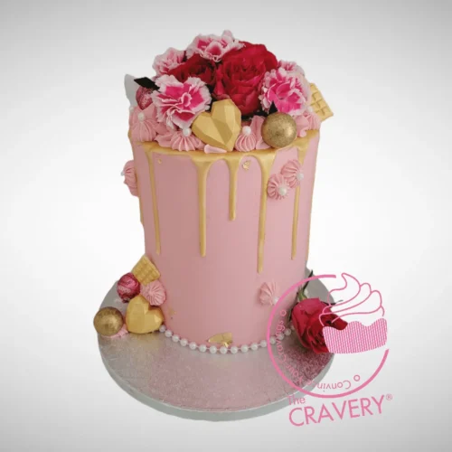 Gold Drip Cake with floral accents, cake shop Mere Green