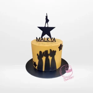 Hamilton Cake by The Cravery, elegant gold and black musical-themed design, available for cakes delivered in Birmingham.
