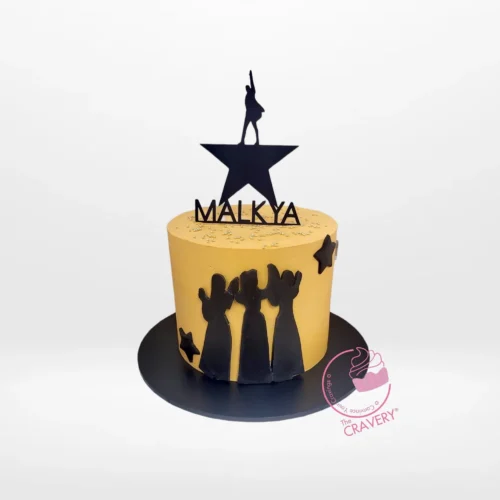 Hamilton Cake by The Cravery, elegant gold and black musical-themed design, available for cakes delivered in Birmingham.