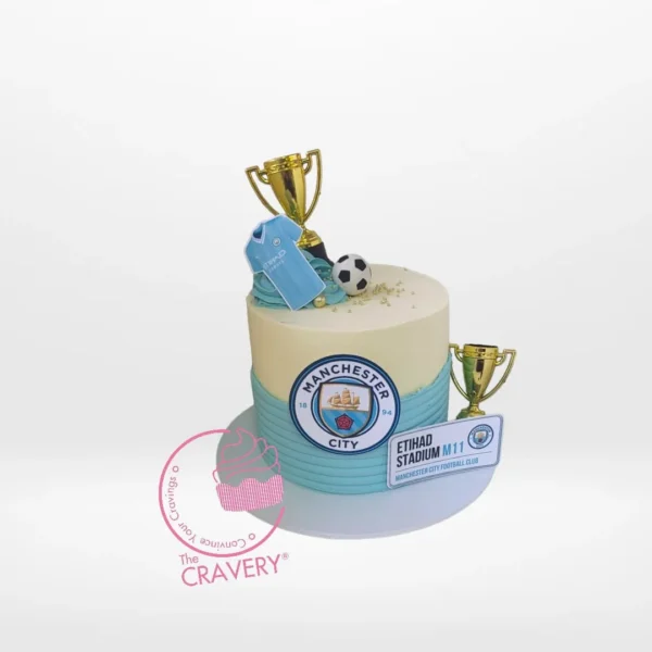 Man City Cake – A football-themed cake with Manchester City colors and logo, perfect for fans in Solihull.