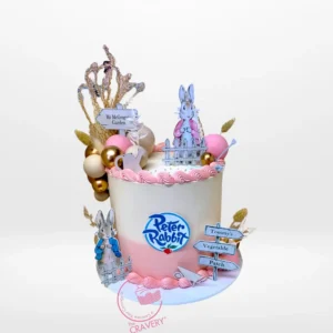 Peter Rabbit Cake – A whimsical 8-inch, 3-layer cake featuring non-edible decorations of Peter Rabbit for celebrations in Birmingham.