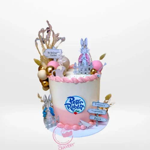 Peter Rabbit Cake – A whimsical 8-inch, 3-layer cake featuring non-edible decorations of Peter Rabbit for celebrations in Birmingham.