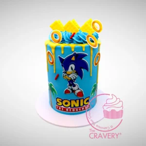Sonic the Cake from The Cravery cake shop in Redditch featuring Sonic the Hedgehog-inspired design and vibrant blue detailing.