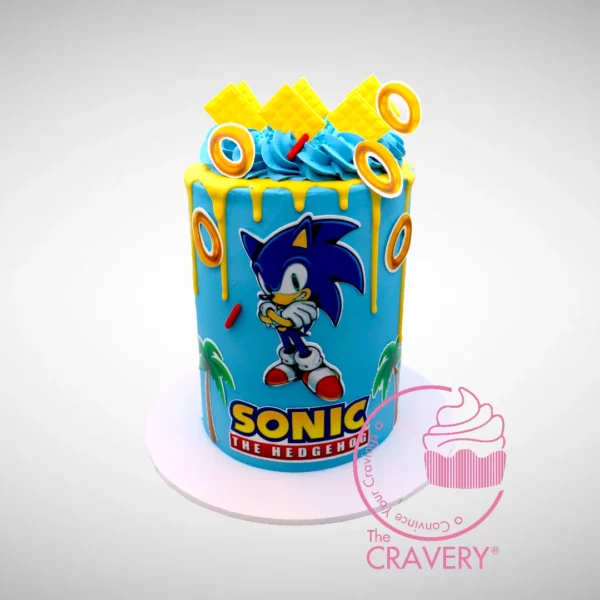 Sonic the Cake from The Cravery cake shop in Redditch featuring Sonic the Hedgehog-inspired design and vibrant blue detailing.