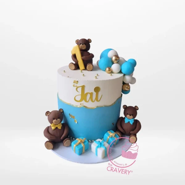 Teddy with Cake from Cravery's Cake Shop Solihull – A charming and sweet celebration centerpiece.