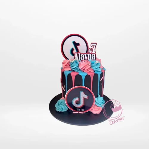 TikTok Birthday Cake with trendy red, blue, and black TikTok design by The Cravery Cake Artist Solihull.