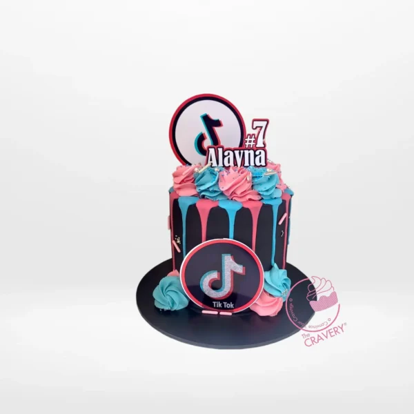 TikTok Birthday Cake with trendy red, blue, and black TikTok design by The Cravery Cake Artist Solihull.