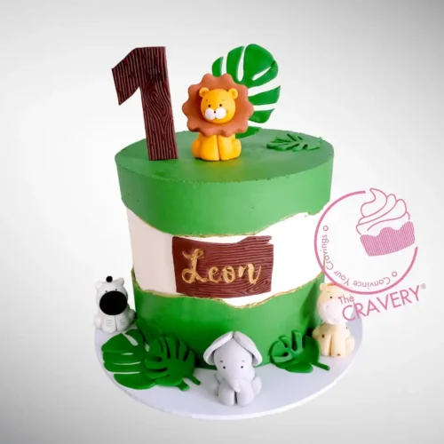1st Birthday Jungle Cake with handcrafted fondant animals and buttercream jungle design by The Cravery, birthday cakes Birmingham.