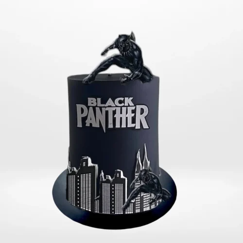 Black Panther themed cake with dark design and detailed decorative styling handcrafted in Birmingham.