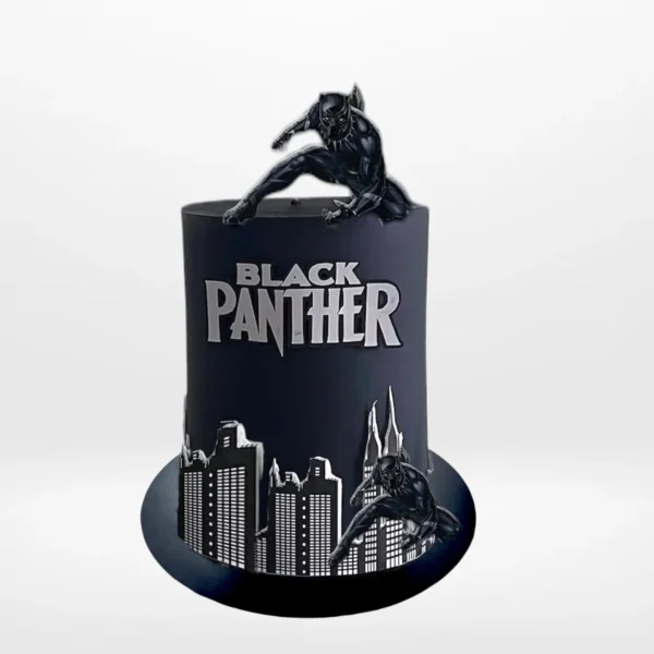 Black Panther themed cake with dark design and detailed decorative styling handcrafted in Birmingham.