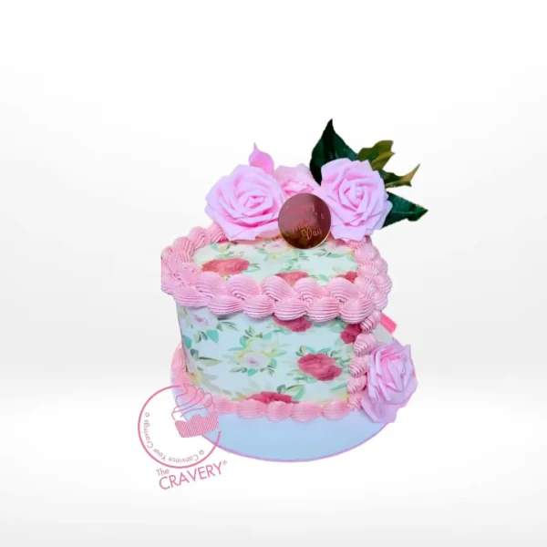 Mothers Day Cake Ideas – A beautiful Mother's Day cake adorned with edible blossoms and non-edible roses, perfect for celebrations in Solihull.