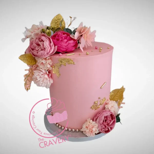 Pink Birthday Cake with floral decorations, Sutton Coldfield bakery