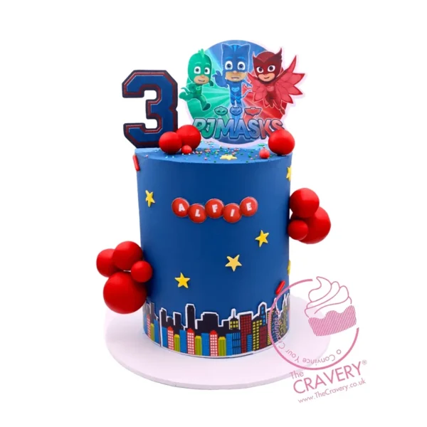 PJ Mask Birthday Cake from Cravery's Birthday Cake Walsall Service. A fun and superhero-inspired cake for your celebration.