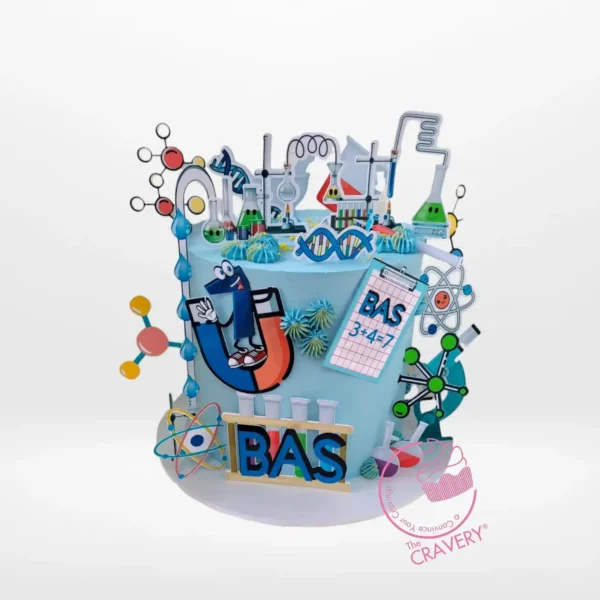Scientists Cake – A custom-designed cake featuring scientific symbols like atoms and test tubes for science enthusiasts in Birmingham.