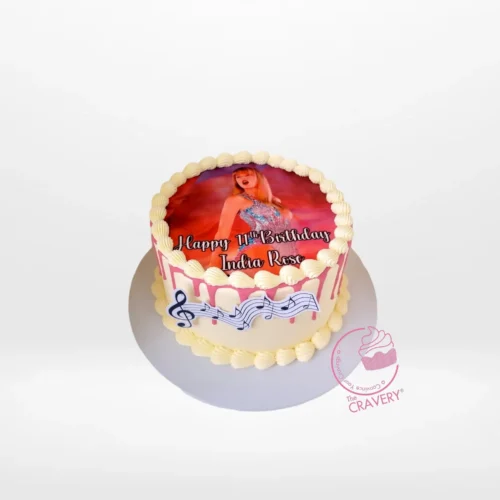 Taylor Swift Birthday Cake – A custom cake inspired by Taylor Swift, adorned with edible gold accents and musical notes for birthday celebrations in Birmingham.