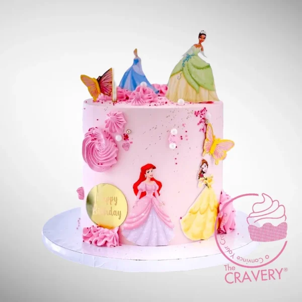 Pink Princess Cake with butterfly topper handcrafted at The Cravery, cake shop Redditch.