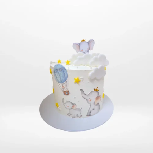 BabyShower Cake with Elephant from Cravery Cake Makers Birmingham. A whimsical, elegant cake for your baby shower celebration.