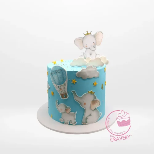 BabyShower Cake with Elephant from Cravery Cake Makers Birmingham. A whimsical, elegant cake for your baby shower celebration.