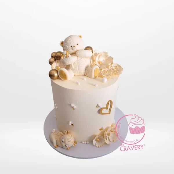 Bear Cake, white fondant bear decorations with non-edible sphere balls and hearts, crafted in Birmingham City Centre