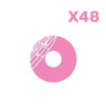 An icon showing forty eight doughnuts arranged in a large grid, representing a bulk or extra large doughnut selection box.