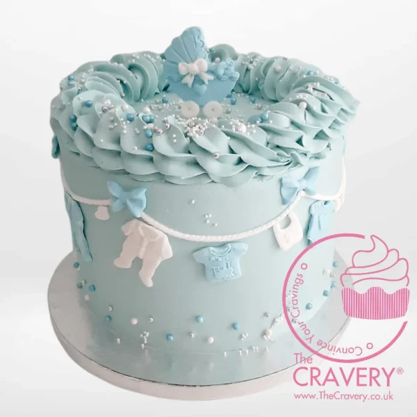 Babyshower Blue Cloths Line Cake with baby-themed clothesline design handcrafted by The Cravery, available for cakes delivered in Birmingham.