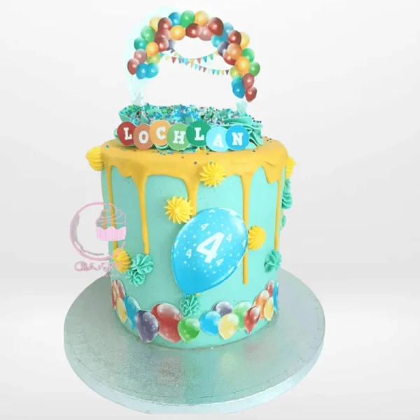 Balloon-themed birthday cake with colourful balloon decorations handcrafted by The Cravery in Birmingham City Centre.