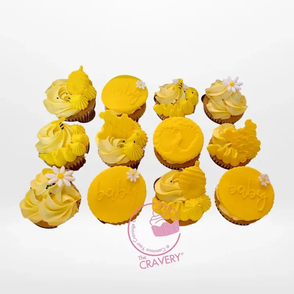Bee Cupcakes by The Cravery, handcrafted bee-themed cupcakes with buttercream and fondant bee decorations, freshly baked in Birmingham.