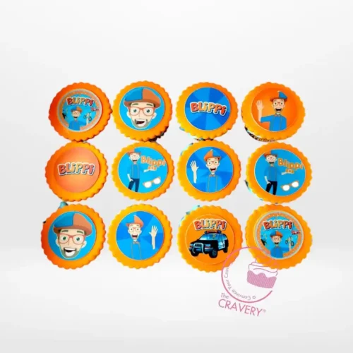 Blippi Cupcakes by The Cravery, colourful cupcakes with edible Blippi-themed decorations, baked fresh in Birmingham.