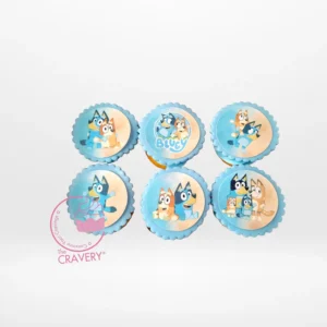 Bluey Cupcakes by The Cravery handcrafted cupcakes with Bluey-themed edible prints, baked fresh in Solihull.