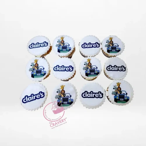 Cupcakes branded with edible company logos, freshly crafted for Birmingham cupcakes customers.