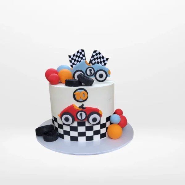 Cake with Car by The Cravery – handcrafted racing-themed birthday cake available for birthday cake delivery in Birmingham.