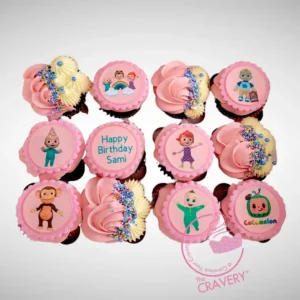 Cocomelon Cupcakes by The Cravery, colourful cupcakes with edible Cocomelon character prints, freshly baked in Sutton Coldfield.