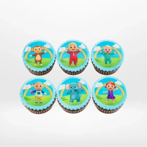 Cocomelon Cupcakes by The Cravery, colourful cupcakes with edible Cocomelon character prints, freshly baked in Sutton Coldfield.