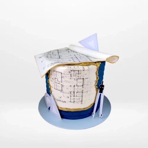 Construction Architect Cake from The Cravery cake shop in Birmingham featuring construction-themed details and architectural prints.