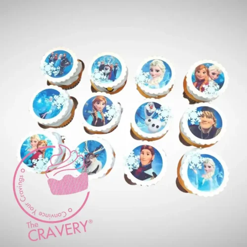 Frozen Cupcakes by The Cravery, blue and white cupcakes with edible Frozen-themed toppers, baked fresh in Birmingham.