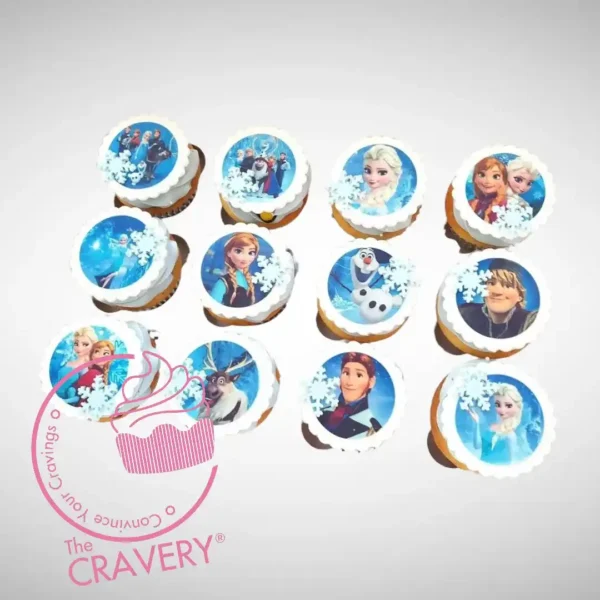 Frozen Cupcakes by The Cravery, blue and white cupcakes with edible Frozen-themed toppers, baked fresh in Birmingham.