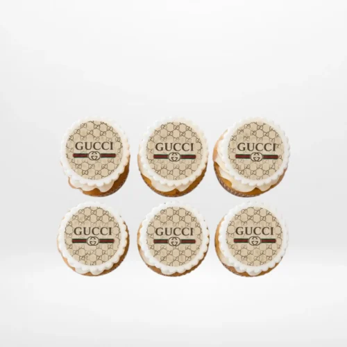 Gucci Cupcakes by The Cravery, luxury brand-themed cupcakes with edible Gucci logo toppers, freshly baked in Sutton Coldfield.