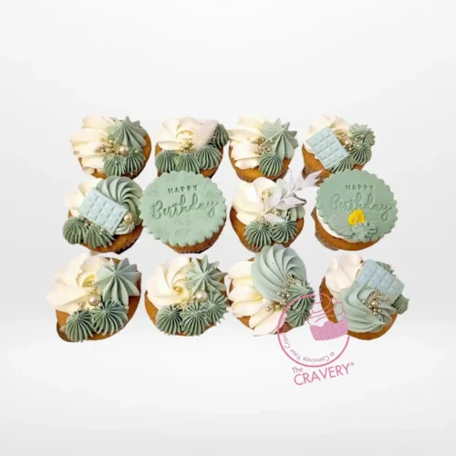 Sage Green Cupcakes by The Cravery, elegant handcrafted cupcakes with sage green buttercream, freshly baked in Birmingham.