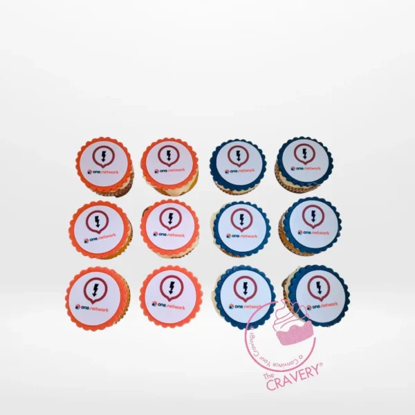 Branded logo cupcakes with edible printed toppers, freshly crafted for Birmingham cupcakes customers.