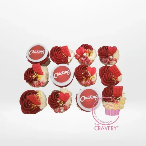 Cupcakes with edible printed logos displayed on buttercream, prepared for cupcake delivery Birmingham.