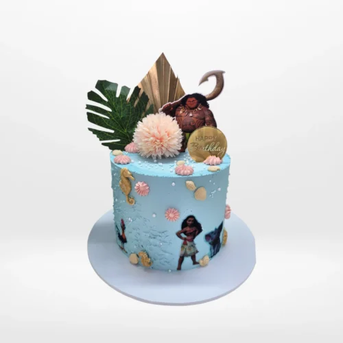 Moana Birthday Cake featuring tropical island details handcrafted at The Cravery, cake shop Soho Road Birmingham.