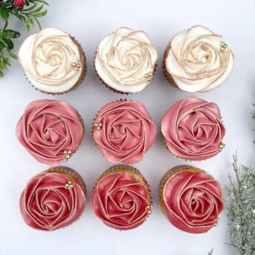 Rose cupcakes with beautifully piped buttercream flowers, available for cupcake delivery in Birmingham.