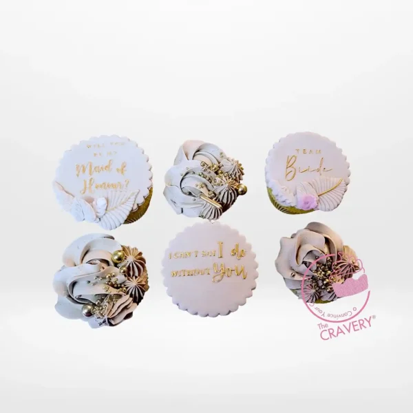 Maid of Honour Cupcakes by The Cravery, elegant handcrafted cupcakes with floral and metallic details, baked fresh in Birmingham.
