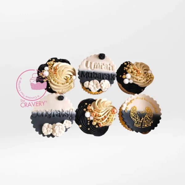 Umrah Mubarak Cupcakes by The Cravery, elegant Islamic-themed cupcakes baked fresh in Birmingham.
