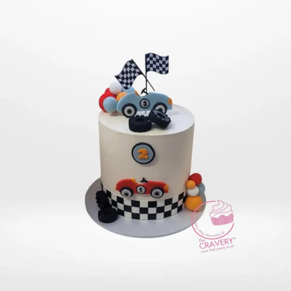 Cake with Car by The Cravery – handcrafted racing-themed birthday cake available for birthday cake delivery in Birmingham.