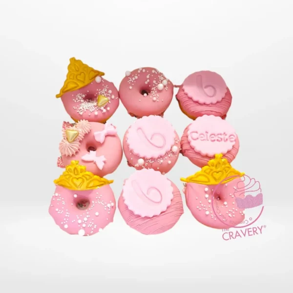 Princess Doughnut decorated with elegant royal themed details from a cake doughnut shop in Birmingham.